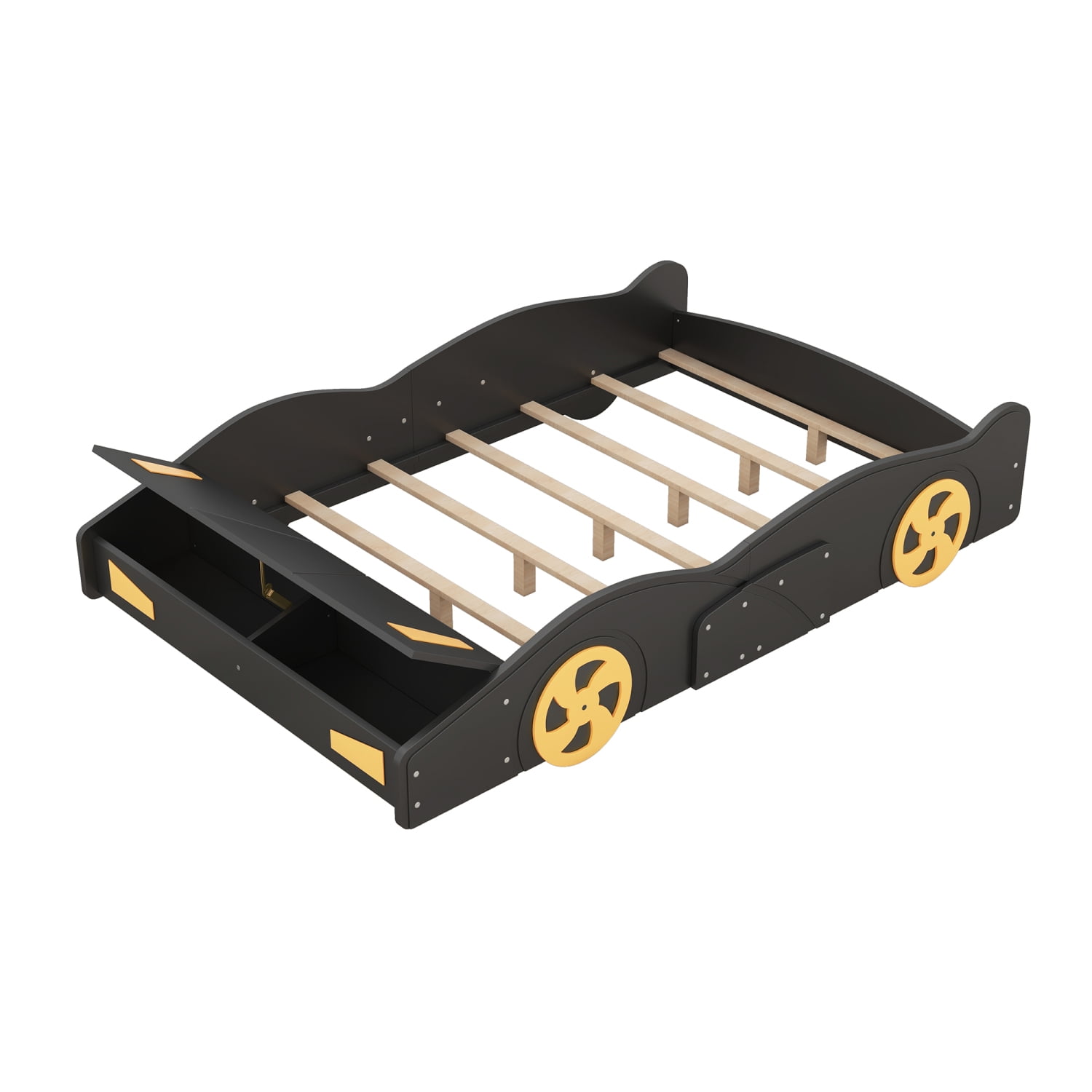 Harper & Bright Designs Full Size Race Car Bed Platform Bed for Kids, Wood Car-Shaped Kids Bed Frame with Storage and Wheels for Boys Girls, Black