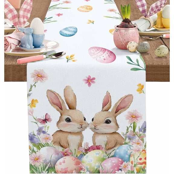 Easter Cute Bunny Table Runner Colored Easter Egg Table Runners Spring Flowers and Leaves Dining Table Decoration for Kitchen Home Banquet Party Wedding 13" x 48"