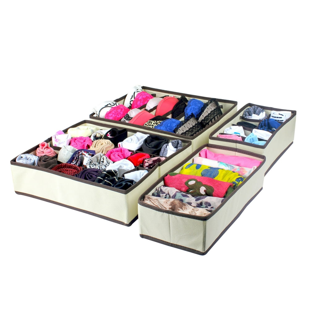 Foldable Cloth MultiSection Drawer Organizer, Set of 04, Color Beige
