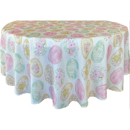 

Easter Egg Delight Easter and Spring Fabric Tablecloth - Happy Easter Bunny Rabbit Decorated Egg Print Easy Care Stain Resistant Fabric Tablecloth 60” x 84” Oval