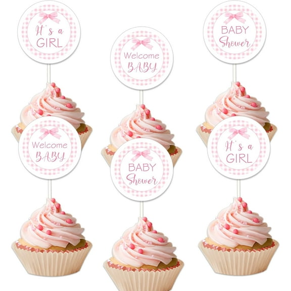 Pink Bow Cupcake Toppers, 36pcs Pink Bow Baby Shower Decorations Its A Girl Cupcake Toppers Pink Bow Cake Dessert Picks for Girl Baby Shower Birthday Party Supplies