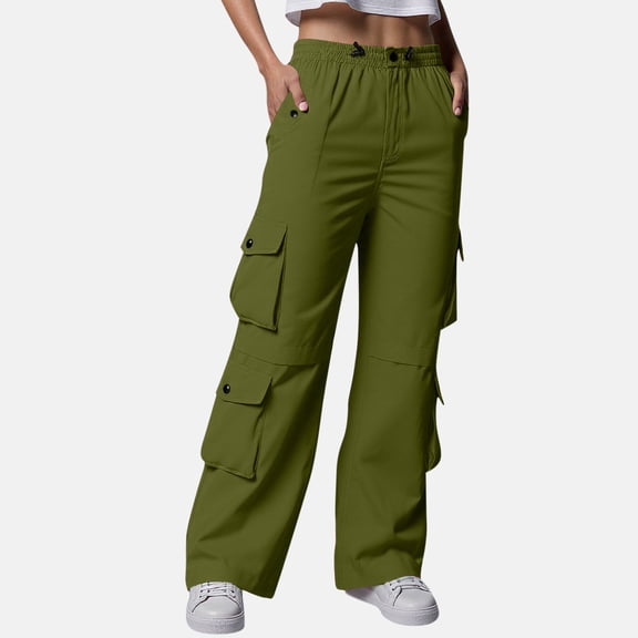 ITSAME Womens Cargo Pants, Elastic Waist Wide Leg Multi-Pockets Athletic Hiking Outdoor Trousers Army Green 2XL