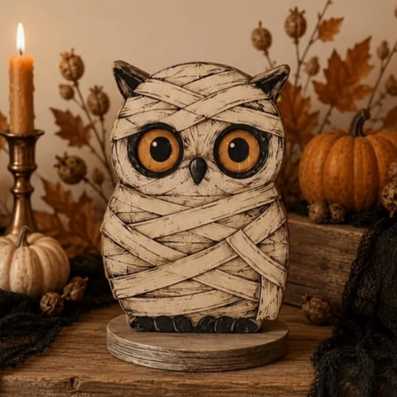 Yardvibe Wooden Mummy Owl Tabletop Decor, 3.9" Halloween Vintage Mummy Owl Wooden Figurine, Fall Desk Ornament for Desk, Mantel, Shelf, Home, Office
