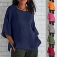 thumbnail image 5 of Chiccall Womens Plus Size Cotton Linen Shirts Fashion Casual Solid Crew Neck Pleated 3/4 Sleeve Tunic Blouse Summer Tops for Women, 5 of 5