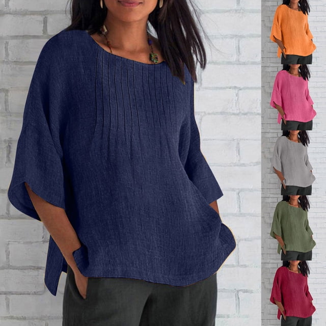 Blusa para mujer,Blusa plisada de manga 3/4 para mujer, cuello redondo, efecto lino, corte holgado, poliéster, ropa informal, sopatenor