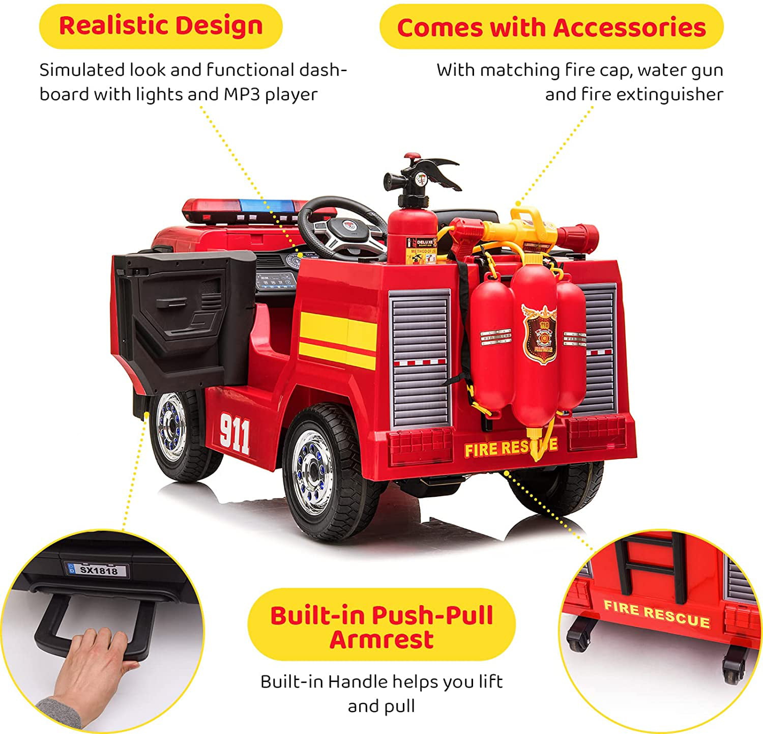 2 Seater Fire Truck Ride On Toy W/Wireless Control Working Water Shoot