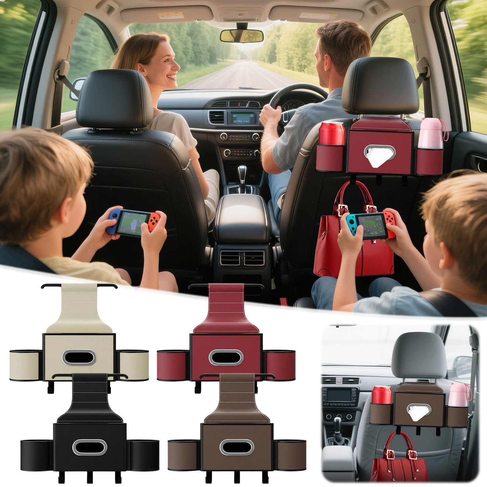 COM1950s Car Seat Organizer with Cup Holders, Backseat Storage Multi-Function Pocket for Tissues, Adjustable Straps for SUV and Vehicle Interior Accessories