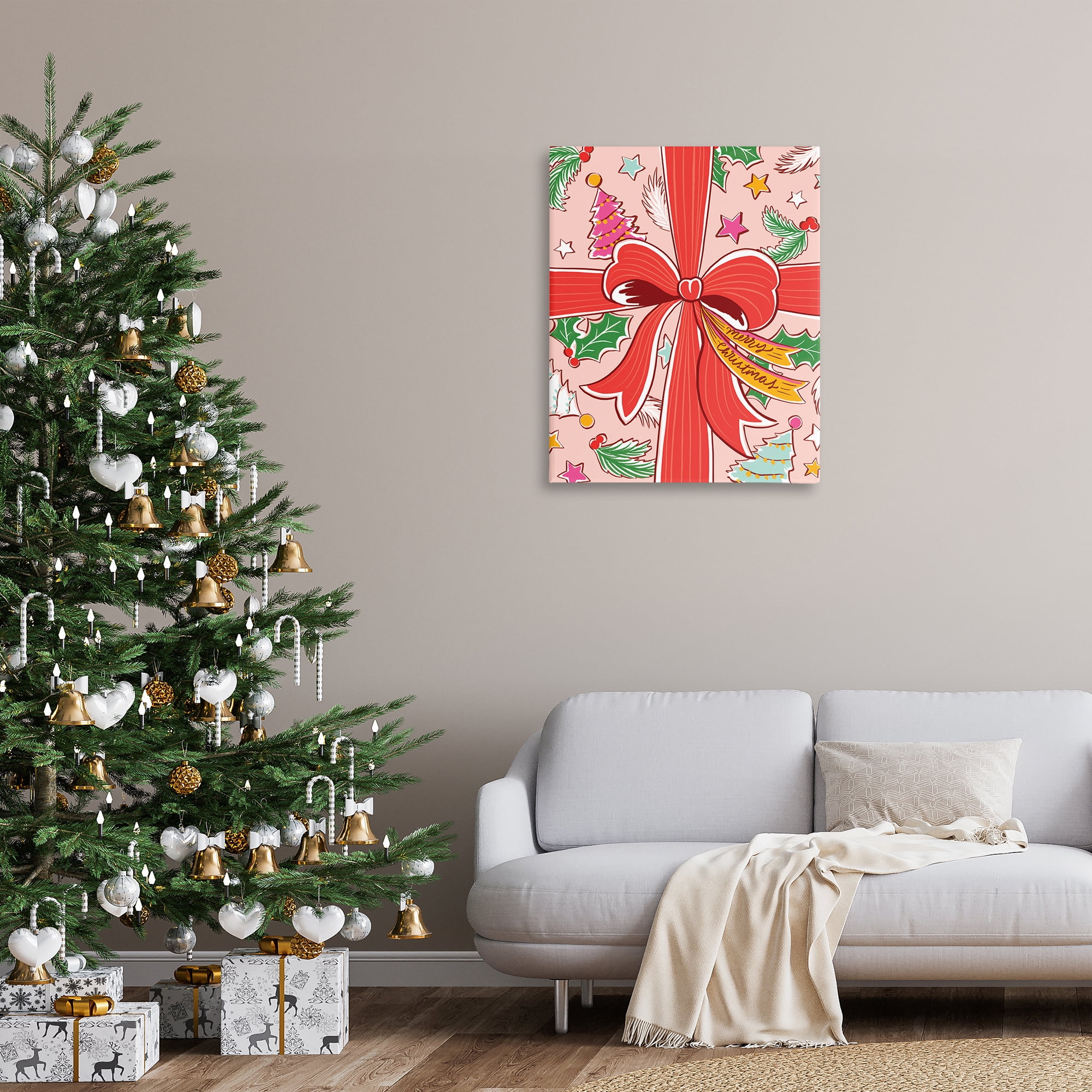 Stupell Industries Christmas Bow and Trees Holiday Painting Gallery Wrapped Canvas Art Prints Wall Art, 30 x 40