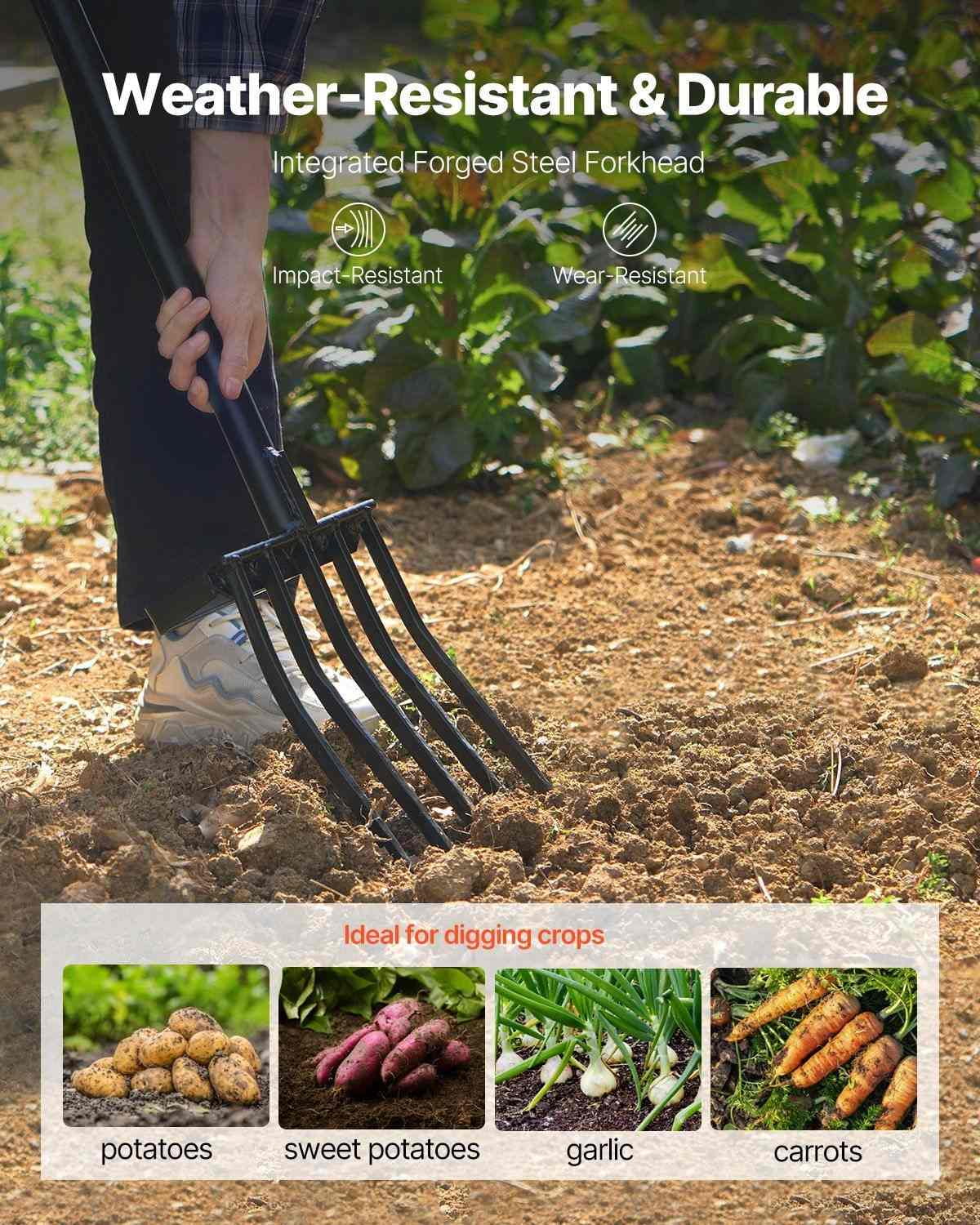 Garden Fork 41 Inch - 5 Tine Spading Pitchfork - Metal Handle Y-Grip - Heavy Duty Digging Fork for Gardening, Soil Loosening, Planting & Farm Use
