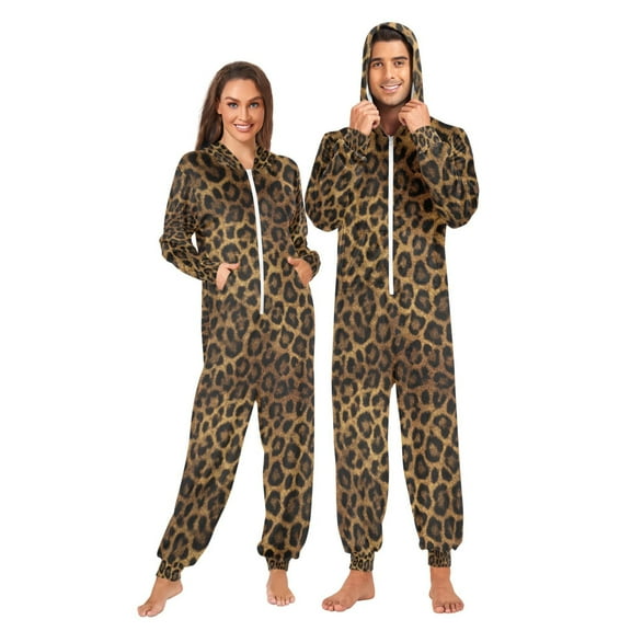Adult Christmas Onesie Beautiful Leopard Print Zipper One-Piece Pajamas Unisex with Pockets