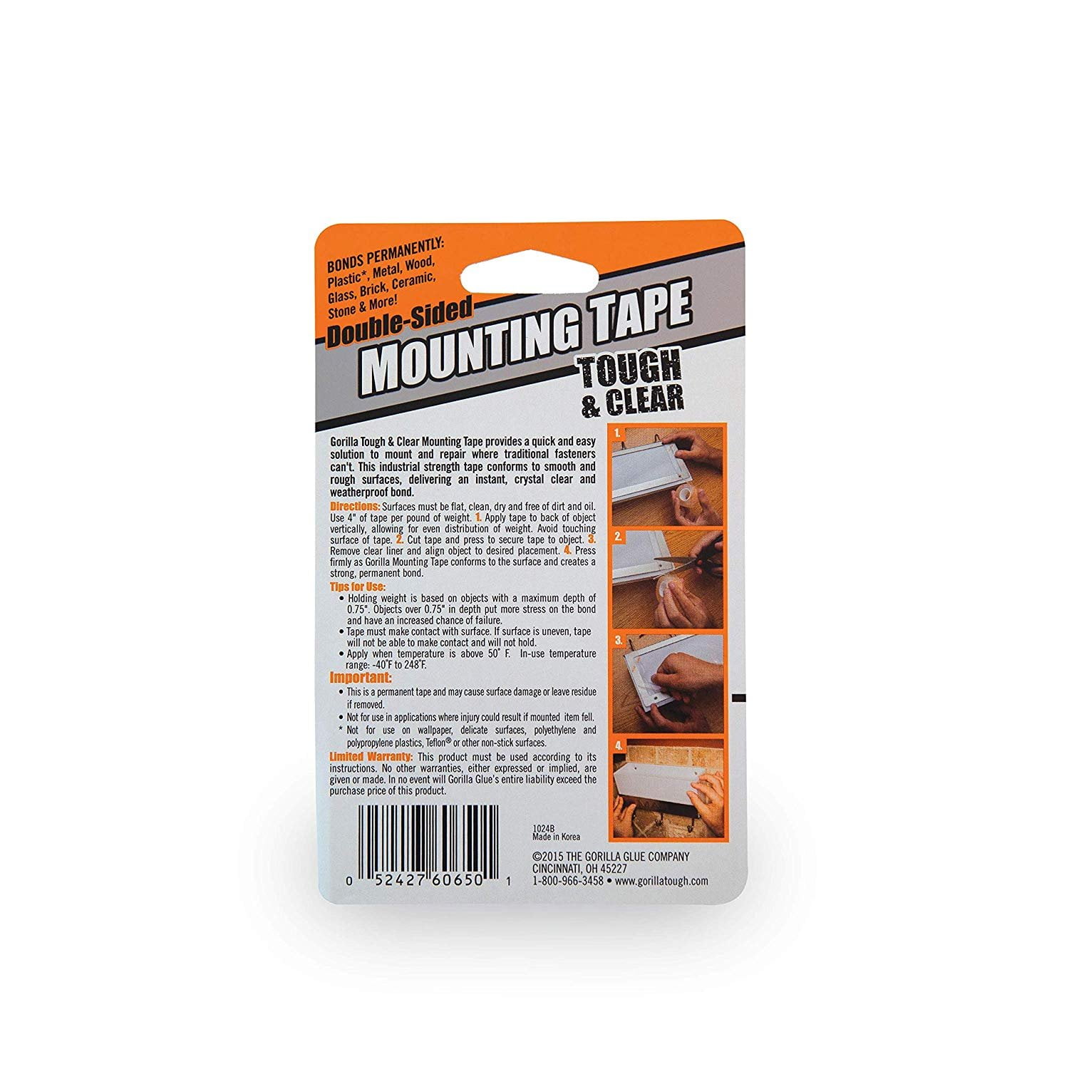 Gorilla 104671: Tough & Clear Mounting Tape – 4 ft Length x 2 Width –