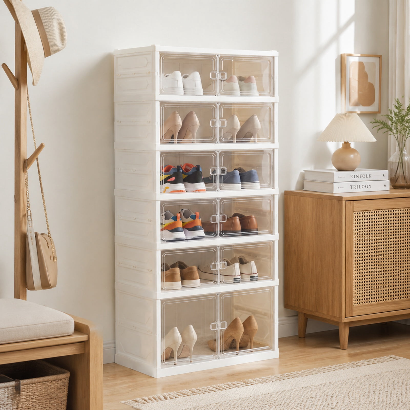 Furnibear Foldable Shoe Rack Organizer 12 Pair 6 Tier Collapsible Shoe Cabinet with See Through Doors for Closet and Entryway, White