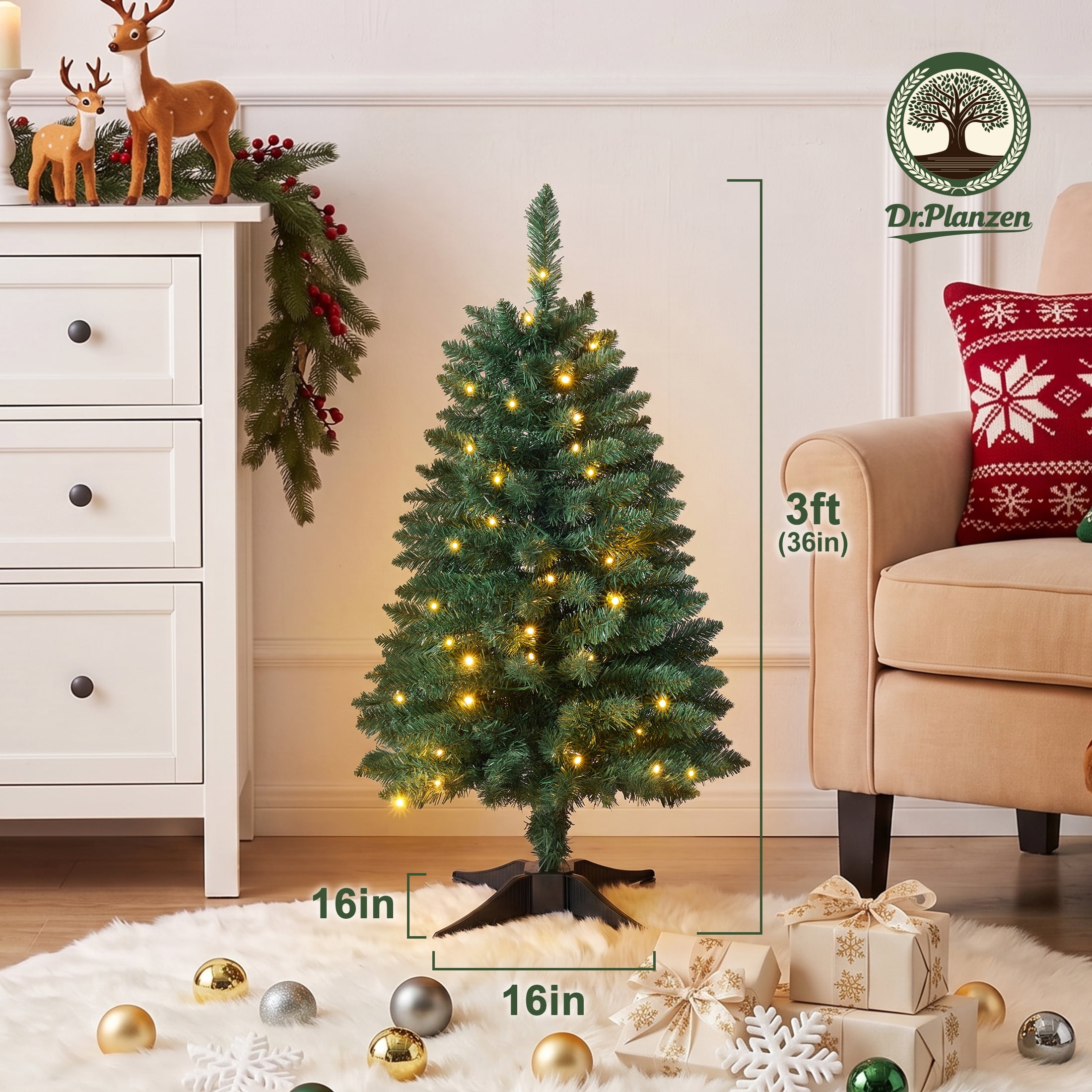 DR.Planzen 3FT Mini Pre Lit Christmas Tree - Artificial Tabletop Xmas Tree with 50 LED Lights, 8 Lighting Modes, 160 PVC Branches for Home Office Apartment Holiday Decorations
