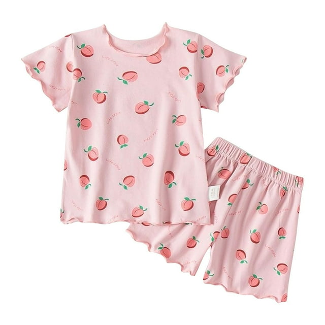 Odeerbi 0-8 Años Niños Niñas Conjunto de Verano Estampado de Fresas Lechuga Manga Corta Tops Shorts Conjunto de Pijama de Dos Piezas