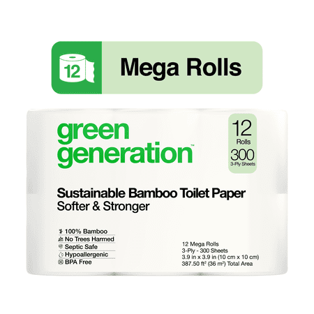 Green Generation Sustainable Bamboo Toilet Paper, 3-Ply, 12 Mega Rolls, 300 Sheets per Roll