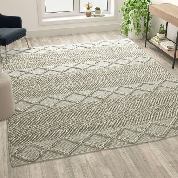 Emma   Oliver 8' x 10' Triple Blend White and Ivory Handwoven Geometric Area Rug