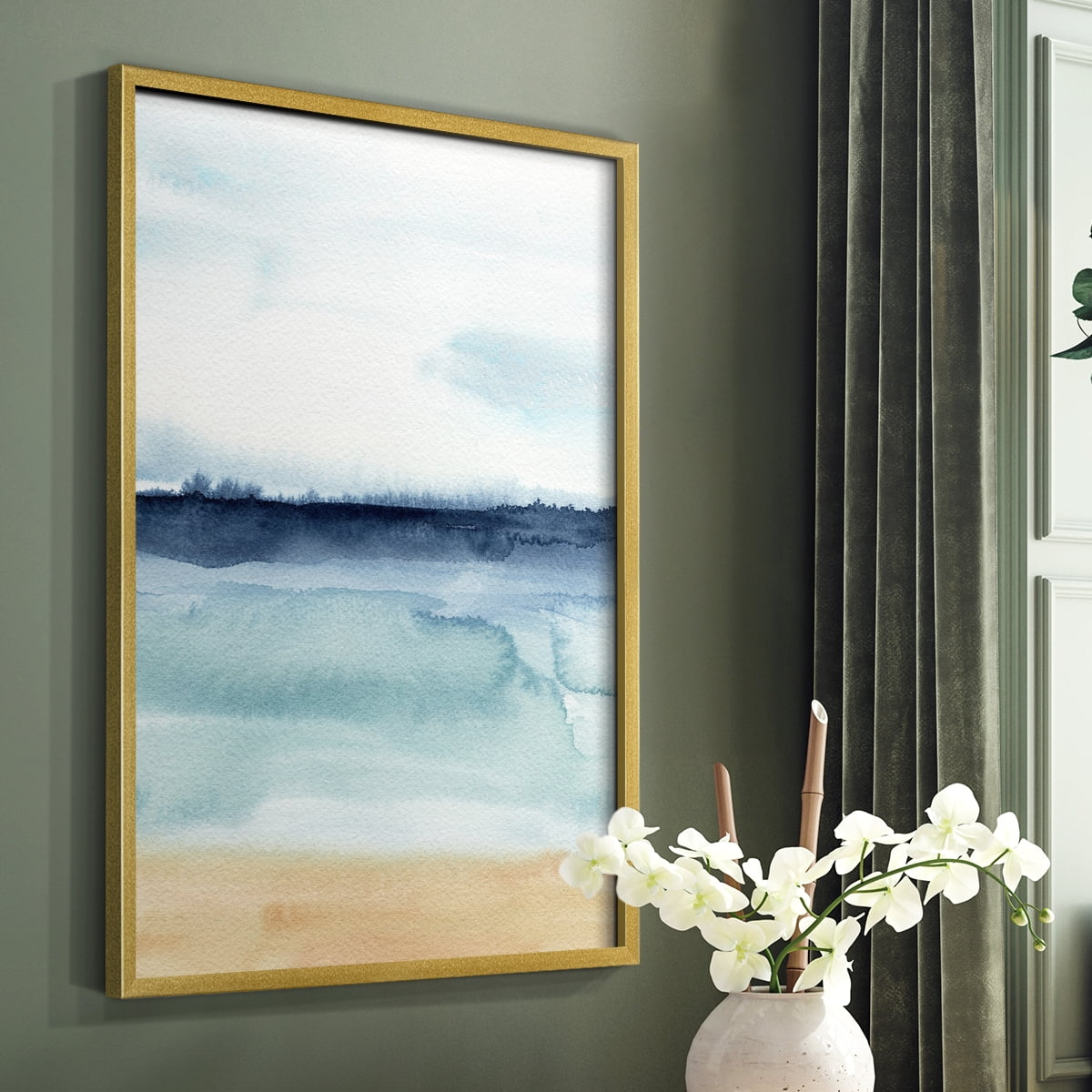 Watercolor Ocean Horizon I Framed Print in Gold Solid Wood 8 x 10 Framed Print