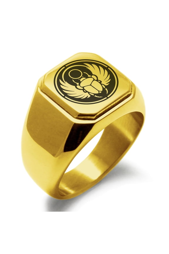 Stainless Steel Scarab Beetle Sun Ring Engraved Square Flat Top Biker Style Polished Signet Ring