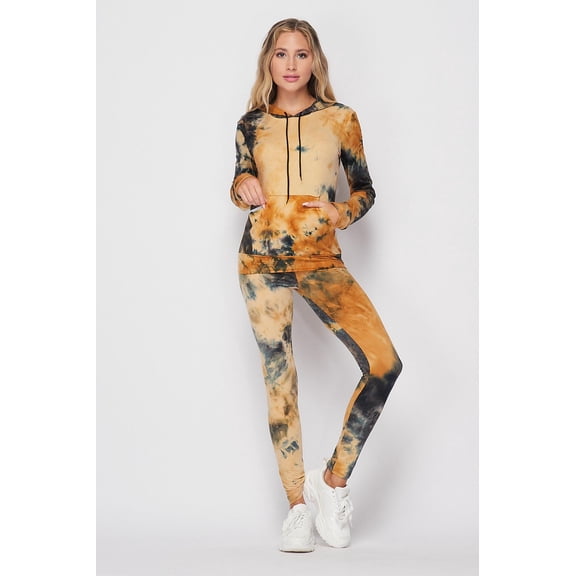 Tie Dye 2 Piece Leggings and Hooded Jacket Set Camel S/M