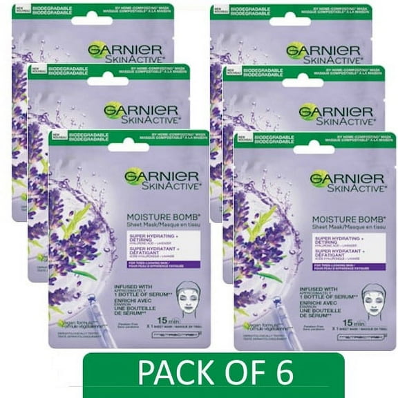 Garnier SkinActive Moisture Bomb Hydrating Beauty Face Mask with Hyaluronic Acid   Lavender, 28g each ( PACK OF 6) *EN