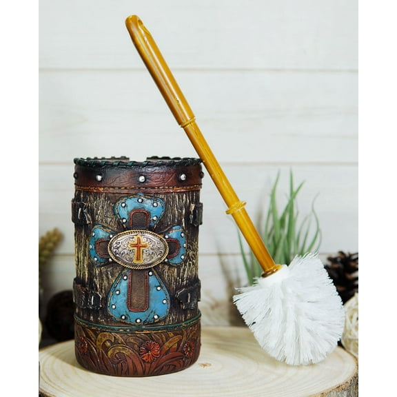 Country Rustic Western Blue Cross W/ Concho Toilet Brush and Sanitary Holder Set