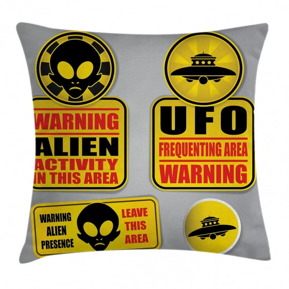 Outer Space Decor Throw Pillow Cushion Cover, Warning Alien Ufo Sign Face of Martian Creature Danger Horror Print, Decorative Square Accent Pillow Case, 24 X 24 Inches, Black Yellow, by Ambesonne