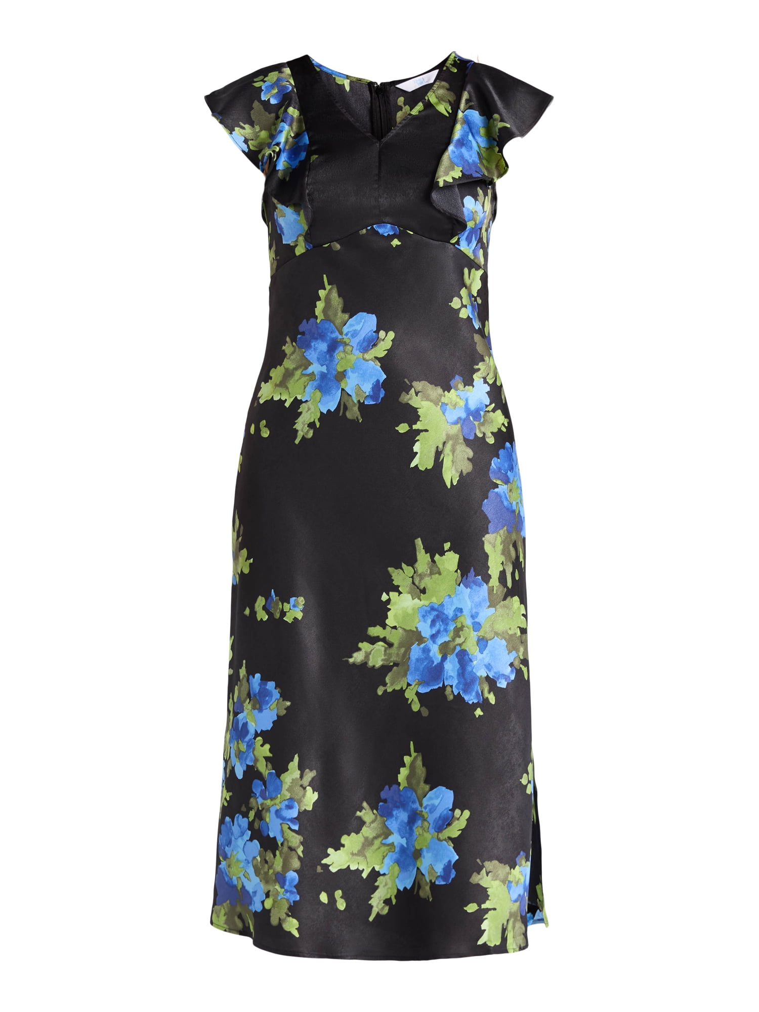Time and Tru Women's and Women’s Plus Silky Satin Midi Dress with Flutter Sleeves, Sizes XS-4X