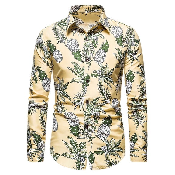Fesfesfes Long Sleeve Shirt Men Casual Slim Printed Long Sleeve Shirts Top Blouse Turndown Beach