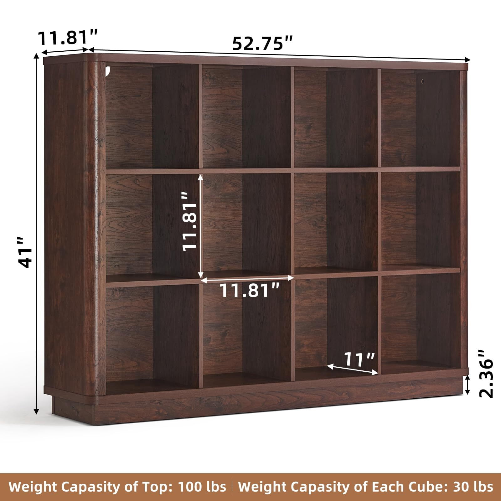 Buildhom 12-Cube 3-Tier Storage Bookcase, 41" Tall Floor Standing Bookshelf with Curved Edge for Living Room, Office, Walnut