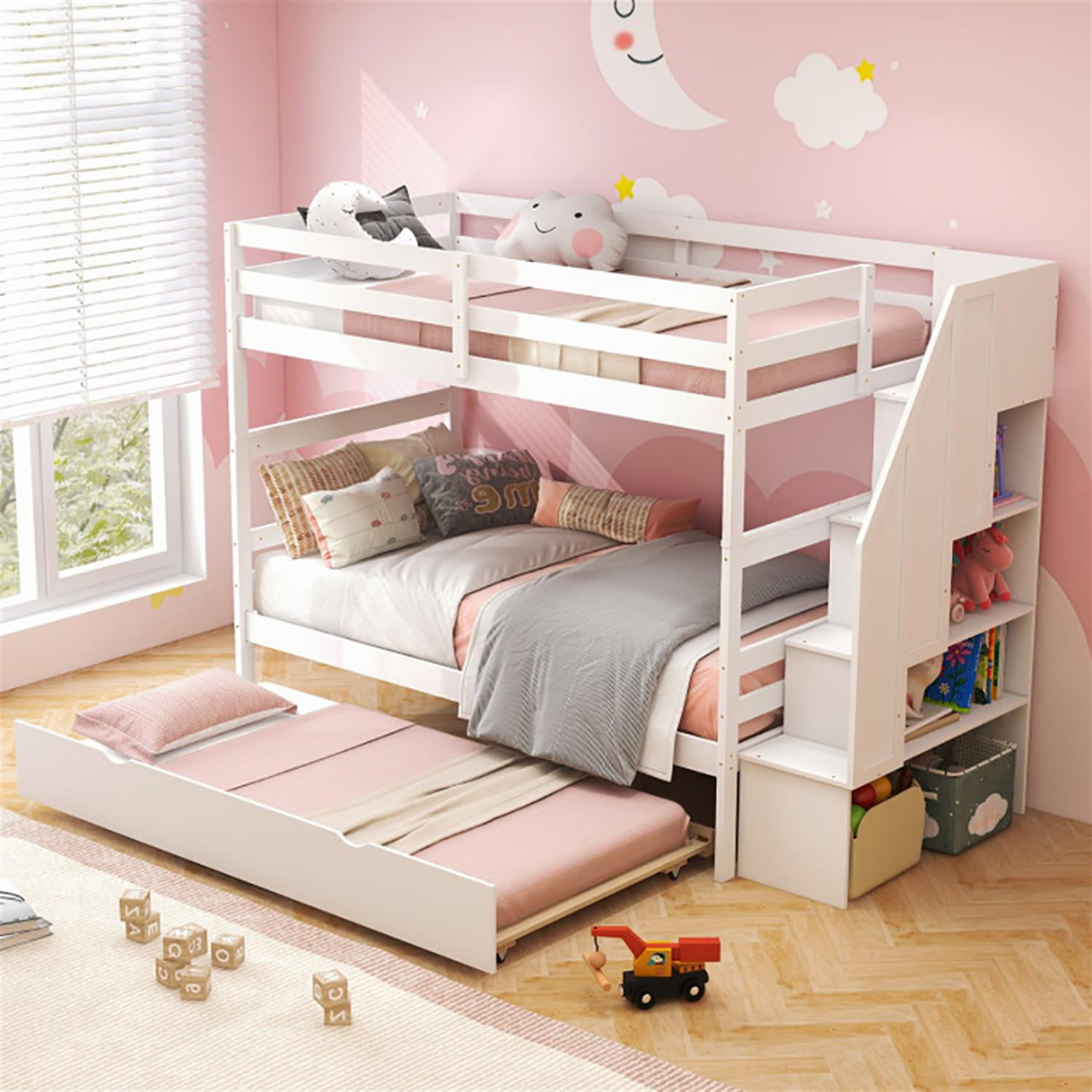 Demi Bonn Home Wood Bunk Bed with Guard Rail and 4-step Storage Stairs, Twin Bunk Beds, No Box Spring Needed, White