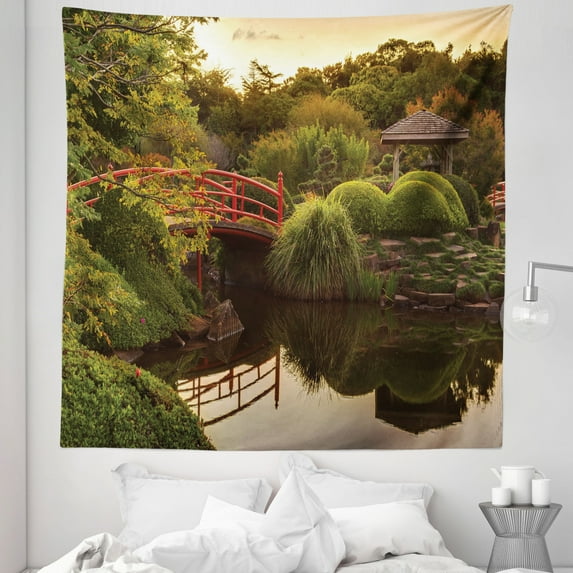 Japanese Tapestry, Peaceful Garden Twilight Reflections in Water Red Bridge on Pond Sunset, Fabric Wall Hanging Decor for Bedroom Living Room Dorm, 5 Sizes, Green Yellow, by Ambesonne