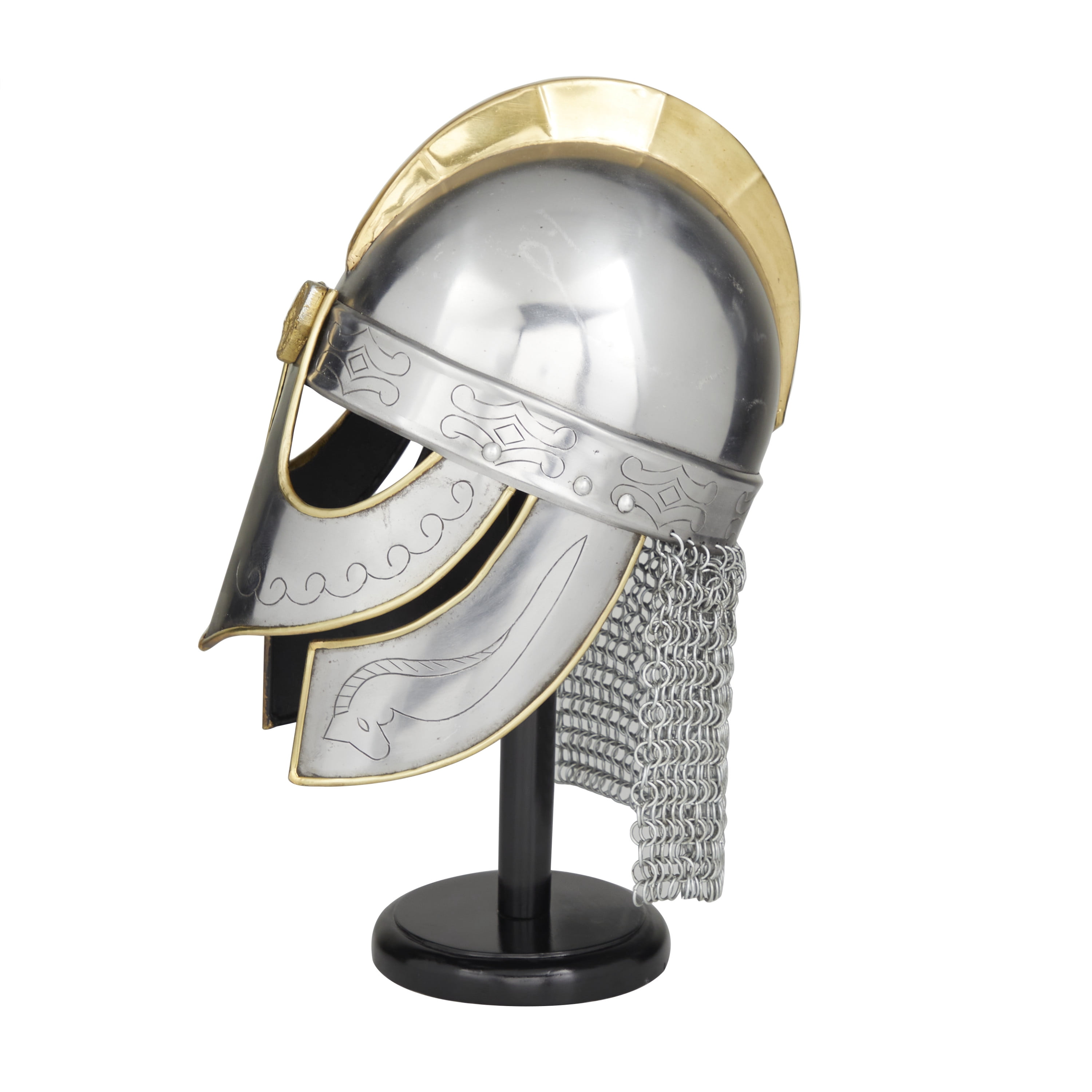 17" Silver Metal Replica Medieval Knight Crusader Helmet with Black Wood Stand and Chainmail, by DecMode