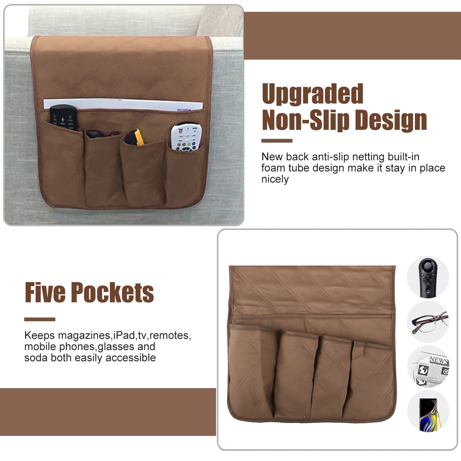 Grey TV Remote Control Holder Books NGLVKE Large Sofa Organiser Caddy Cell Phone Anti-slip Sofa Armrest Storage Bag with 6 Pockets for Magazine iPad 