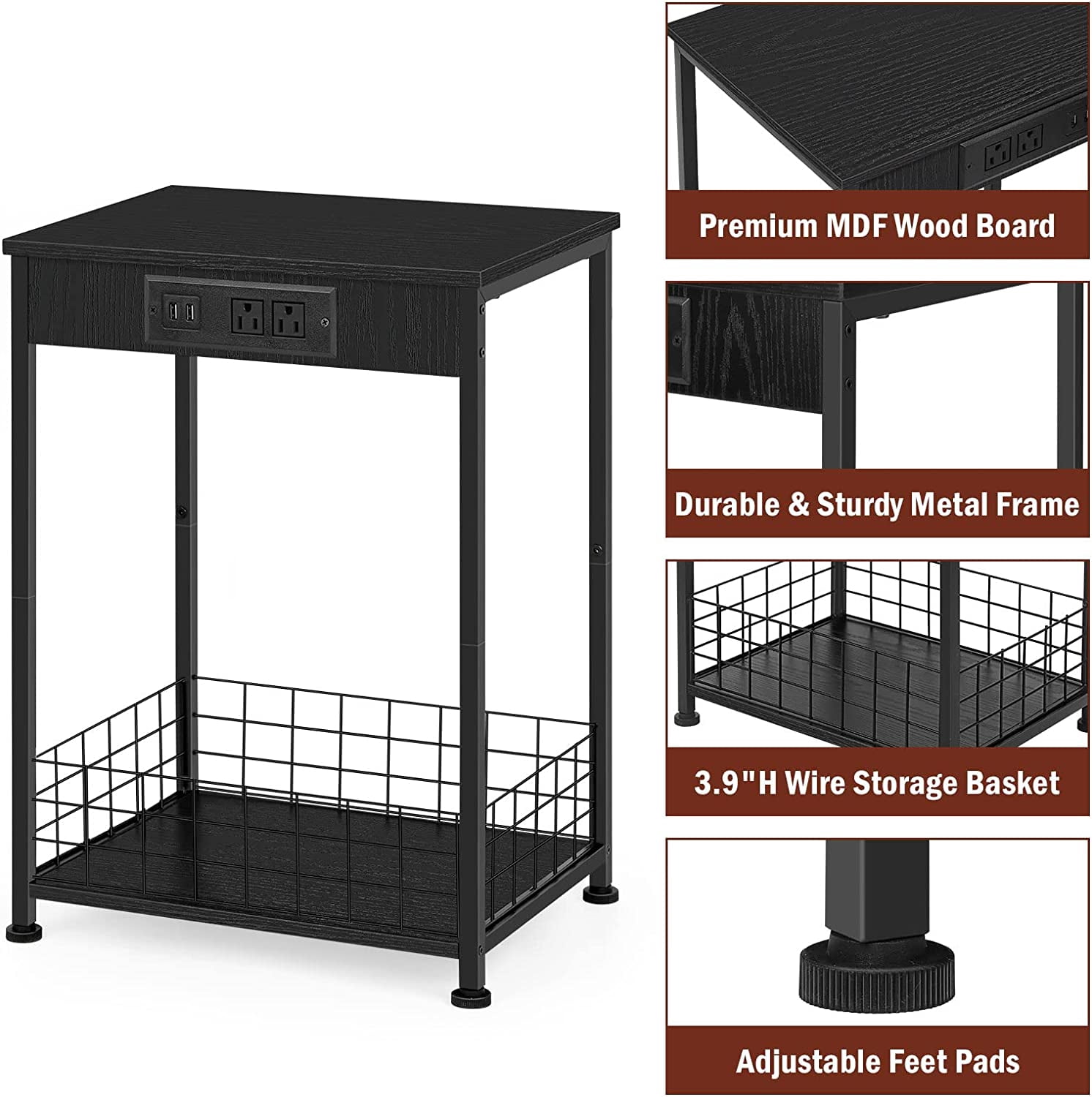 2 Tier Nightstands End Tables with Charging Station and Storage Basket Set of 2, Black