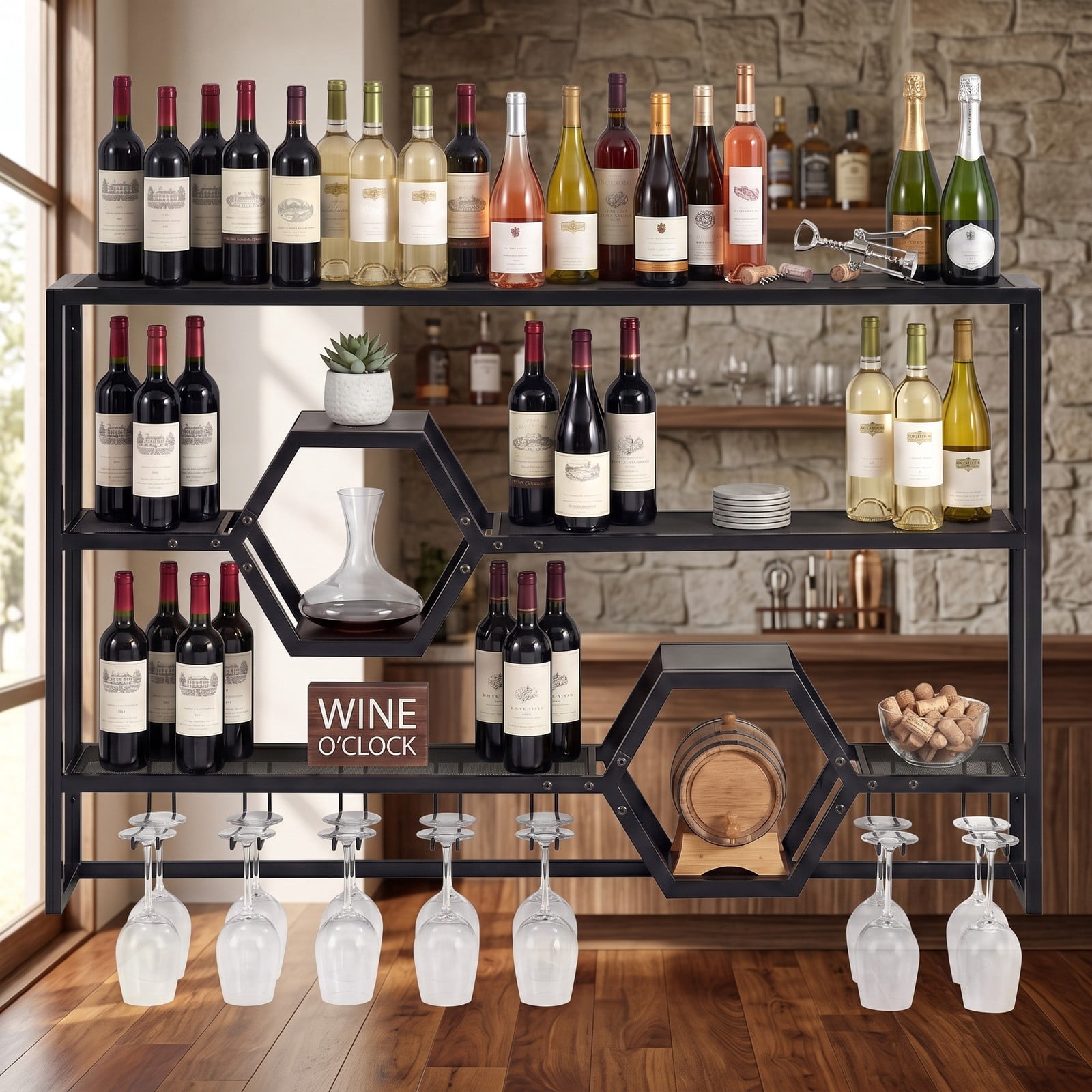 RUIE 47 Inch Wall Mounted Wine Rack, Large Floating Bar Shelves with Glass Holder, Metal Hanging Wine Bottle Storage Organizer for Kitchen Dining Room Bar, Black