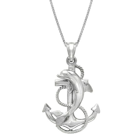 - Sterling Silver Dolphin Anchor Necklace Pendant with 18