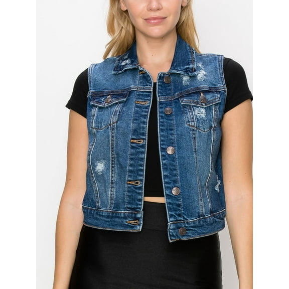 FashionMille Women's Buttoned Sleeveless Slim Fit Trucker Washed Distressed Jean Denim Vest Jacket