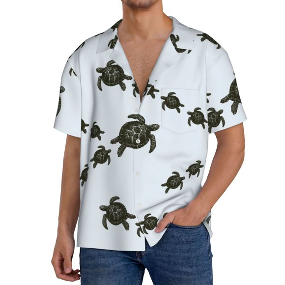 Lsque Sea Turtle print Men's Cuban Collar Short Sleeve Shirt Summer Beachwear Casual Button Down Fashionable Vacation Leisure Shirt-X-Large