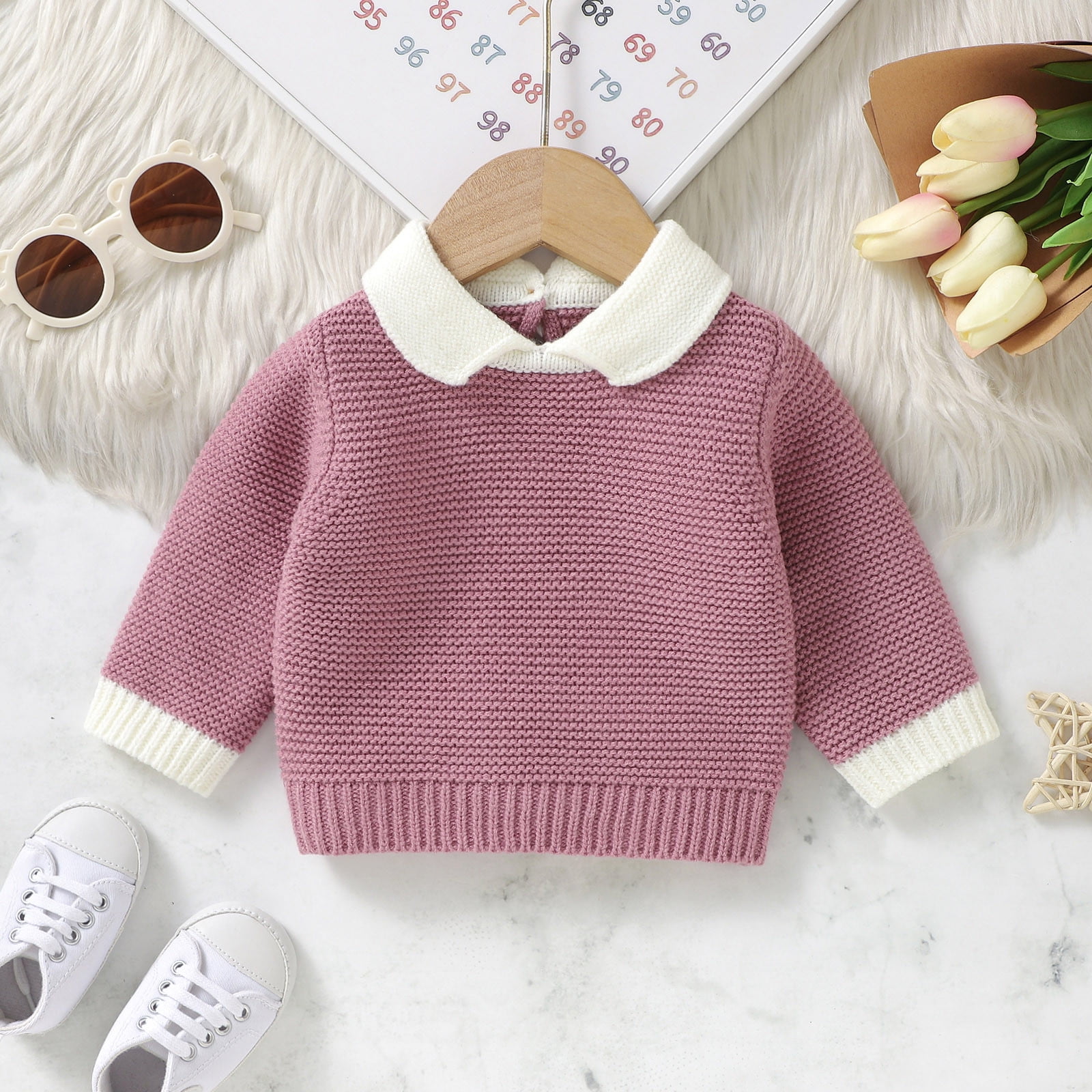 XFHLMJFF Boys Girls Sweater Cute Toddler Baby Knit Turn Down Collar Long Sleeve Pullover Fall Winter Clothes