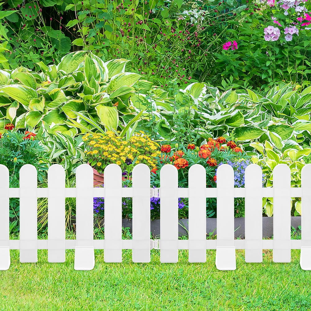 PAMINGONO 4-Pack White Plastic Garden Picket Fence Edging Panels for Lawn, Flowerbeds, Yard Decoration and Outdoor Landscaping