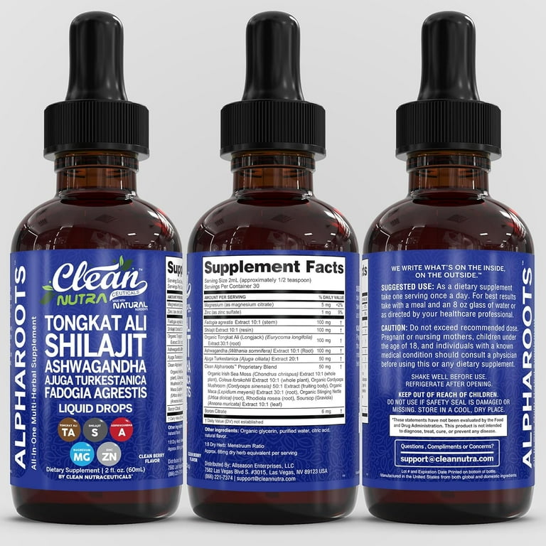 Tongkat Ali Liquid Drops Shilajit, Ashwagandha, Turkesterone, Fadogia  Agrestis, Magnesium, Irish Sea Moss, and Zinc Herbal Supplement by Clean  Nutra