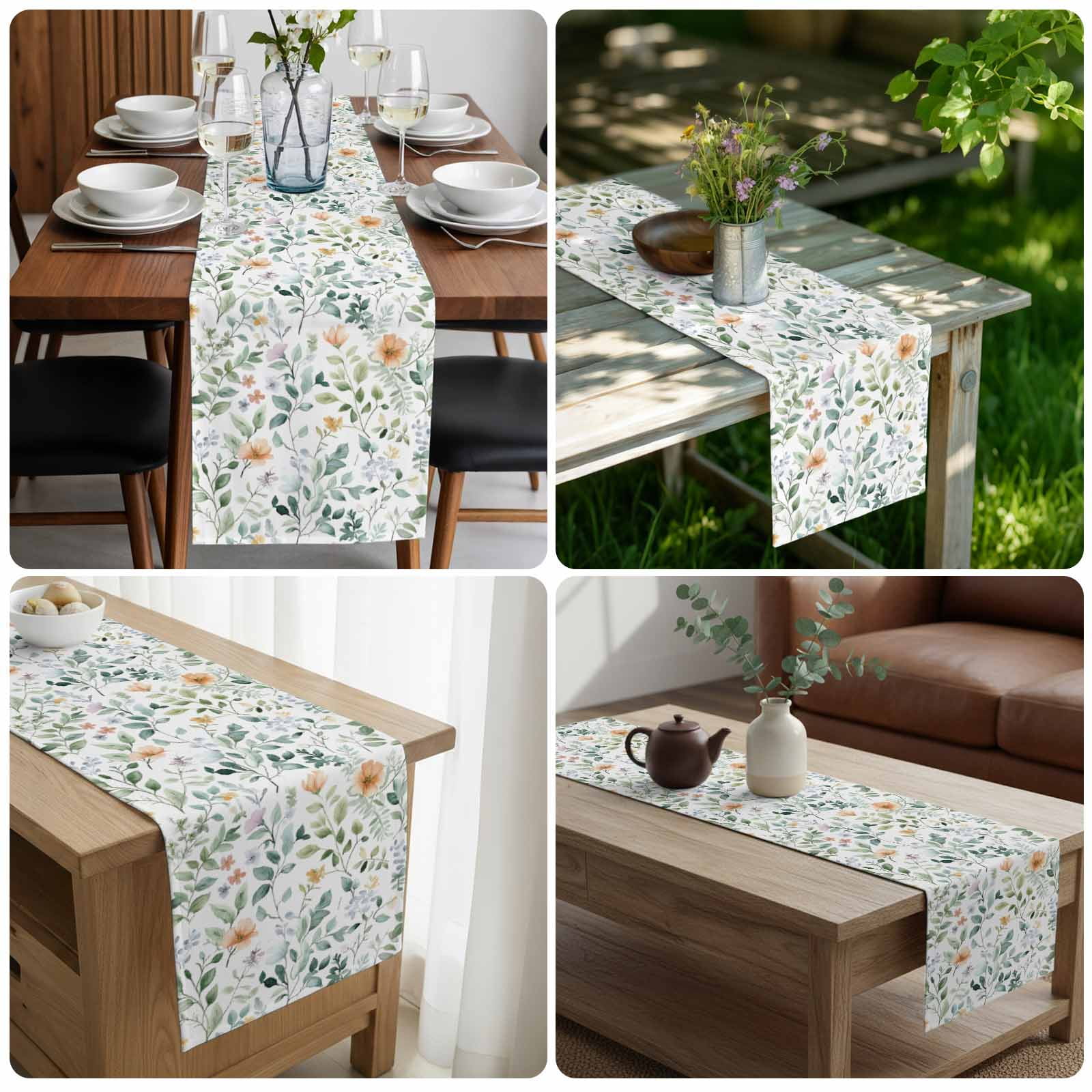Colorful Flowers Table Runner, Farmhouse Botanical Floral Herbs Washable Cotton Linen Table Runners 90 Inches Long, Dresser Scarf Runner for Dining/Coffee/Kitchen/Hallway Tables 13''x90''