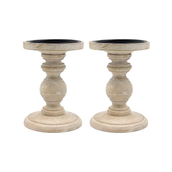 Hosley Set of 2 Antique White Wooden Pillar Candle Holders, 7-Inch Tall Rustic Farmhouse Candle Stands for Table Decor and Centerpieces