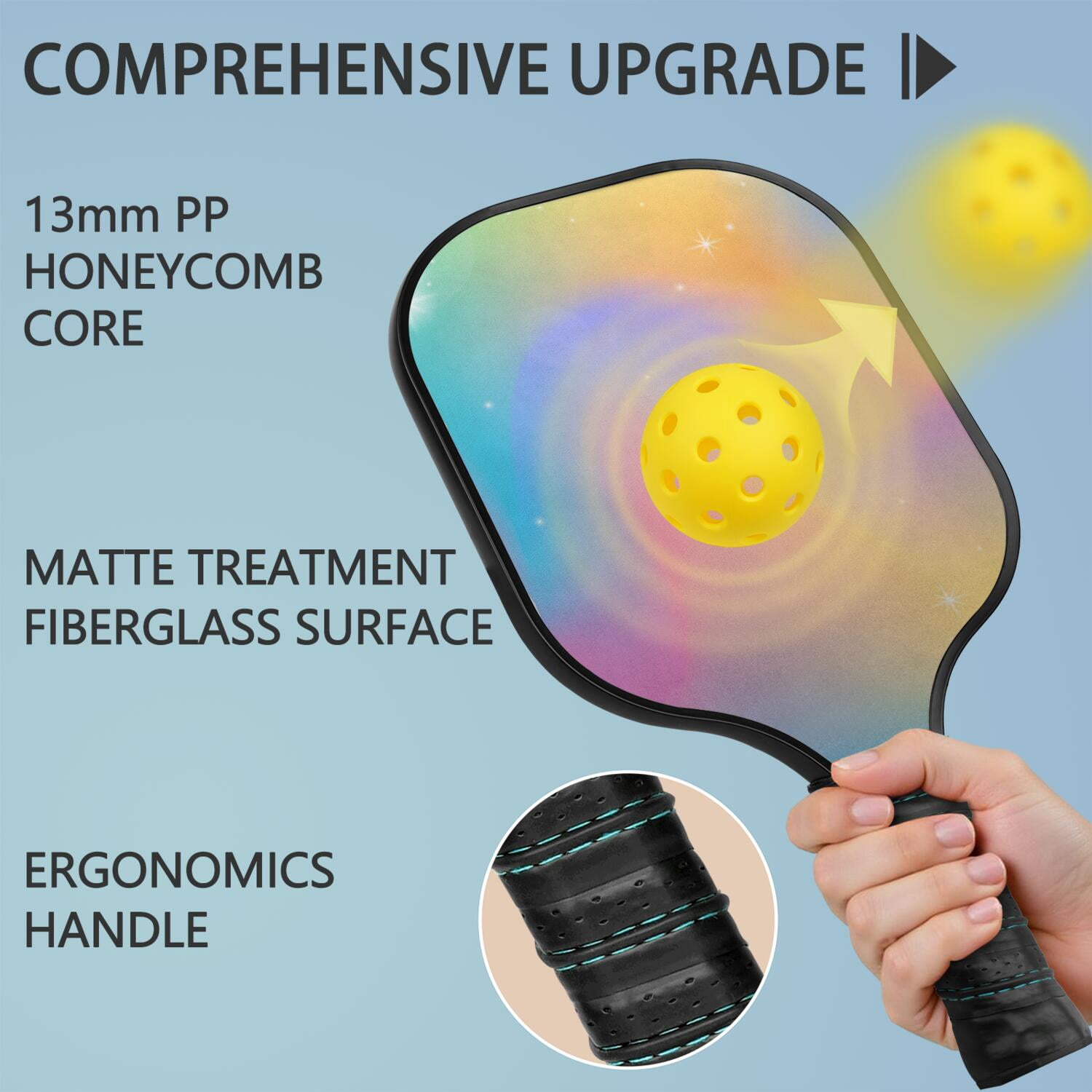 Pickleball Paddles Set Of 1, Fiberglass Surface, Vibrant Rainbow Print, 1 Paddle, 2 Balls & Bag