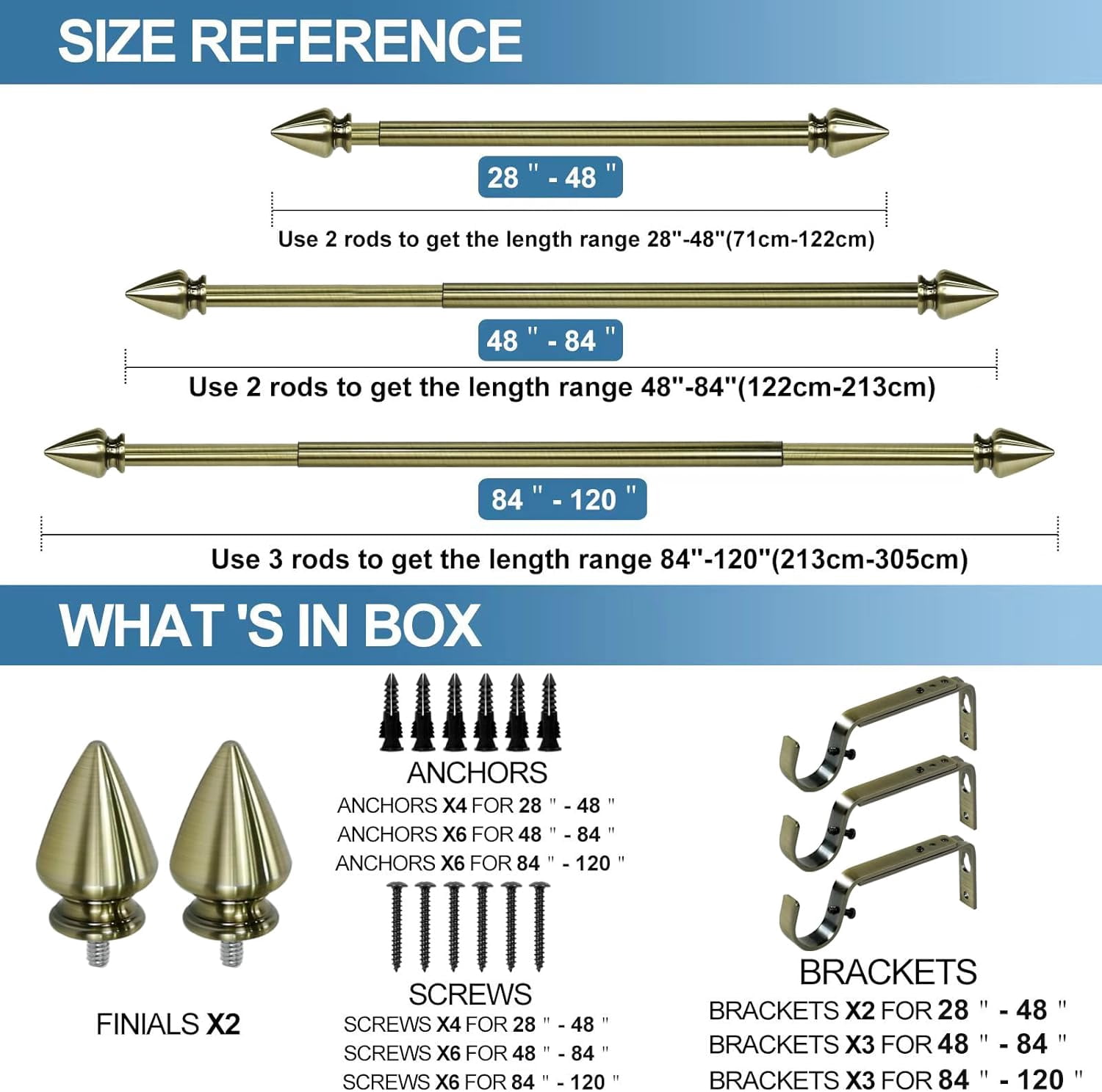 Urbanest Adjustable Single Curtain Rod Set Lance Finials – 5/8-Inch Diameter, With Antique Brass Rod, 48–84 Inches