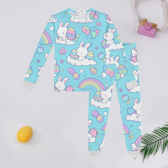 Easter Outfit for Girl Set Easter Bunny Print Long Sleeve Top And Pant Pj Set Kids Soft Sleepwear 2 Piece Holiday Loungewear Sets Light Gray 2-3Y