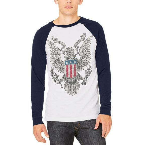 4th of July Born Free Distressed Vintage Eagle Mens Long Sleeve Raglan T Shirt White-Navy MD