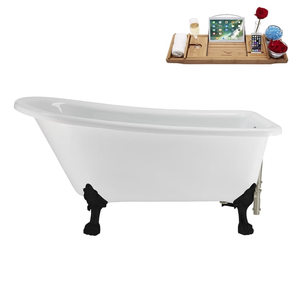 58" Streamline N4860BL-BNK Soaking Clawfoot Tub and Tray With External Drain in Brushed Nickel and Matte Black Clawfeet