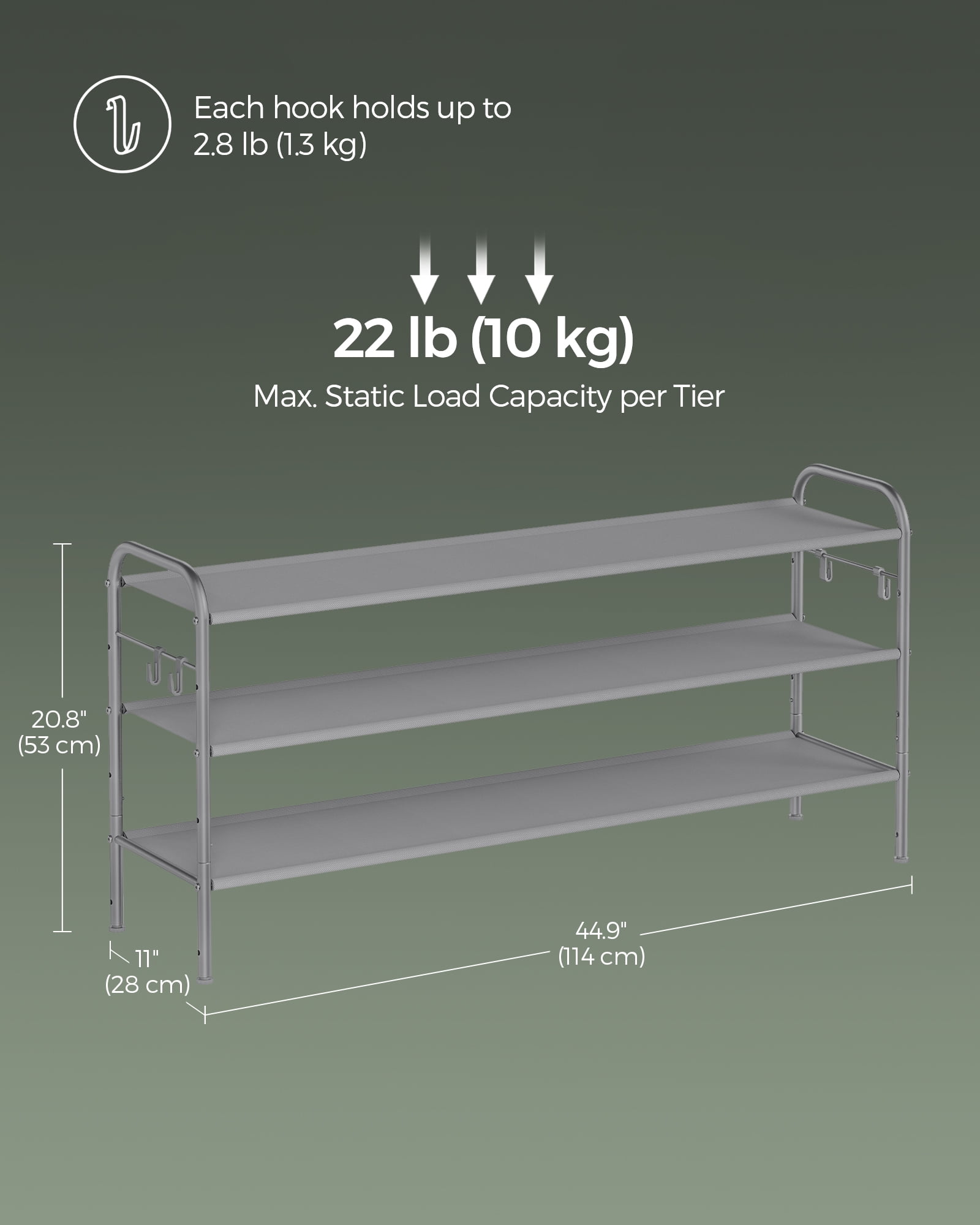 Shoe Rack, 3 Tier Shoe Organizer, Fabric Shoe Shelf Storage with 4 Hooks, Holds up to 18 Pairs of Shoes, Height-Adjustable Shoe Rack for Entryway, Hallway, Closet, Easy Assembly, Dove G