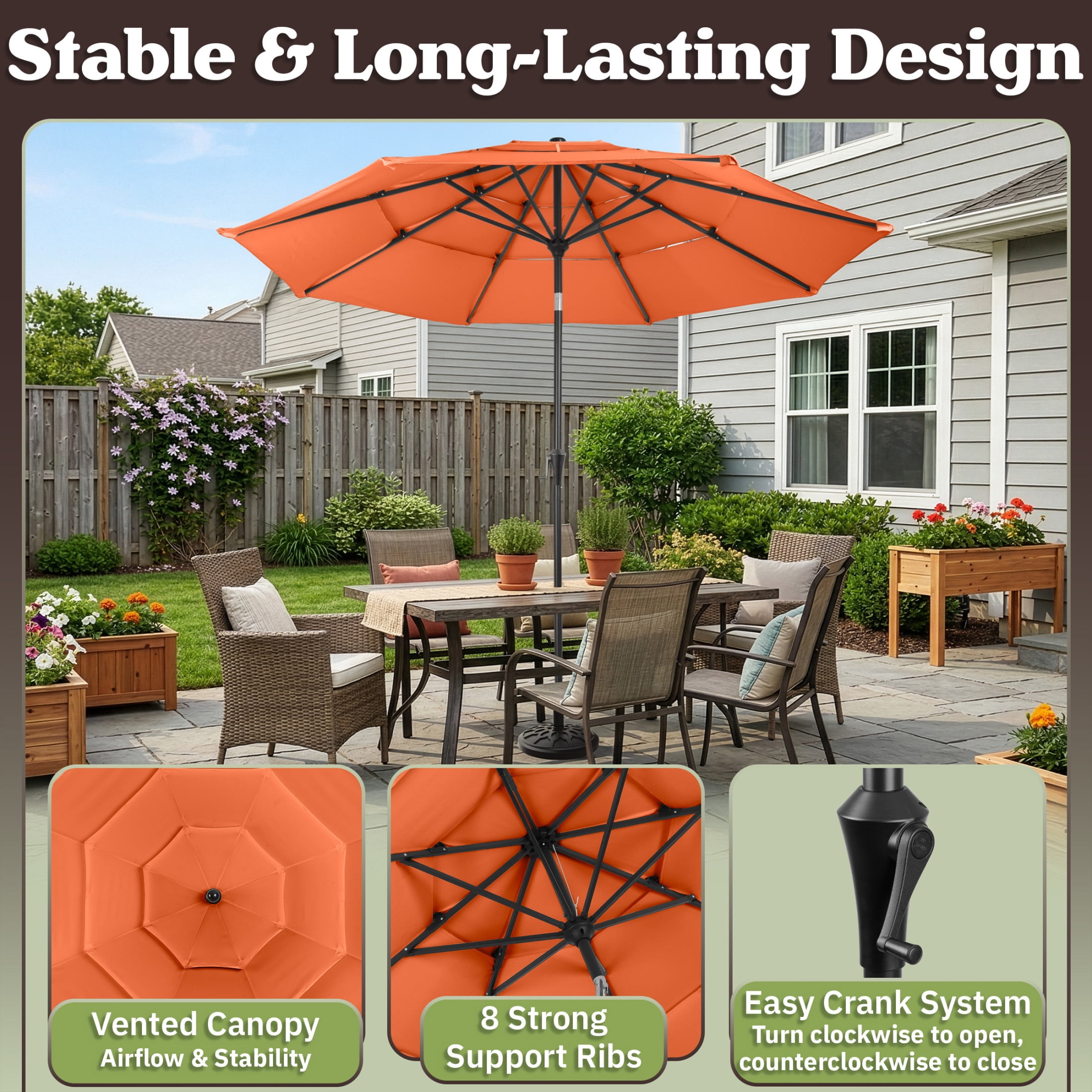 Pure Garden 10ft 3-Tier Umbrella for Patio Shade Canopy with 19lb Base, Orange